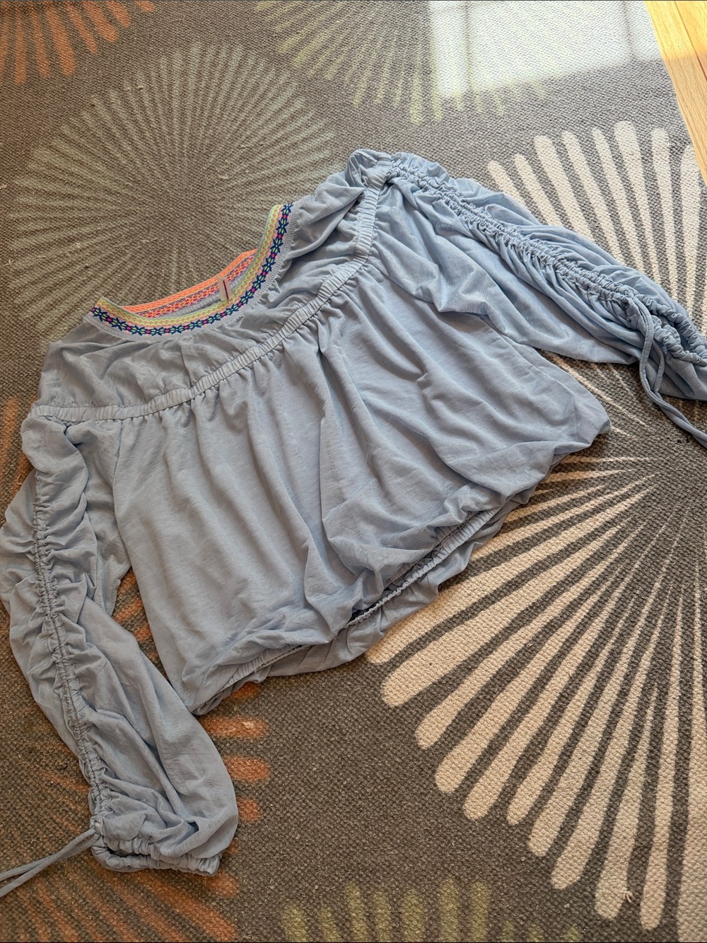FP Movement by Free People Light Blue Embroidered Neckline Top